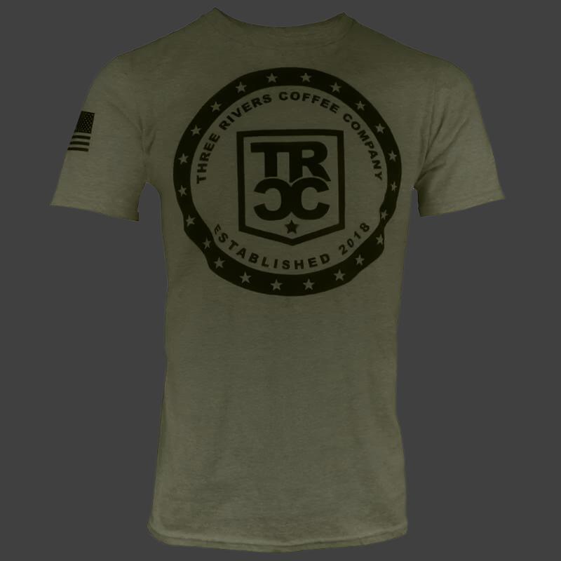 Men OD Green 22-Stars TRCC T-Shirt with black lettering and flag on right sleeve