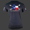 Back of TRCC Texas edition ODA t-shirt. Black T-shirt with the state of Texas in red, white and blue print with Arrow crossing through the print. 