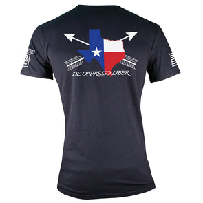 Back of TRCC Texas edition ODA t-shirt. Black T-shirt with the state of Texas in red, white and blue print with Arrow crossing through the print. 