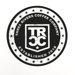 TRCC 22 stars circle sticker logo in white and back print. 