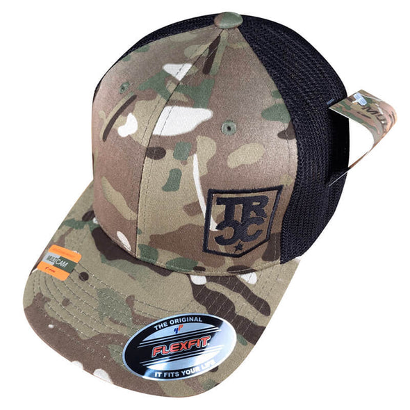 Three Rivers Coffee Company Multicam flex-fit hat embroidered with the TRCC shield logo on front left.