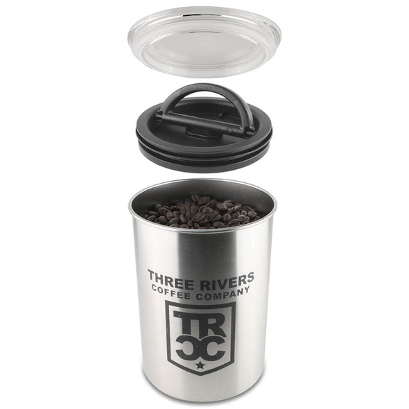 TRCC airscape coffee container with lid with TRCC shield logo.