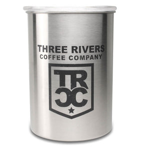 TRCC airscape coffee container with lid with TRCC shield logo. 